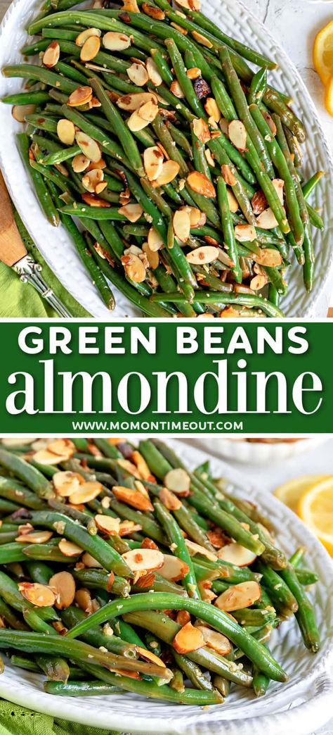 Green Beans Almondine is a simple yet elegant side dish made with green beans, garlic and buttery, toasted almonds. It's prepared in one skillet and is ready to go in about 20 minutes. A beautiful and delicious addition to any meal - holiday or otherwise! // Mom On Timeout Easter Green Beans, Green Beans Garlic, Green Bean Side Dish Recipes, String Bean Recipes, Green Beans With Almonds, Green Beans Almondine, Green Beans Side Dish, Mom On Timeout, One Skillet