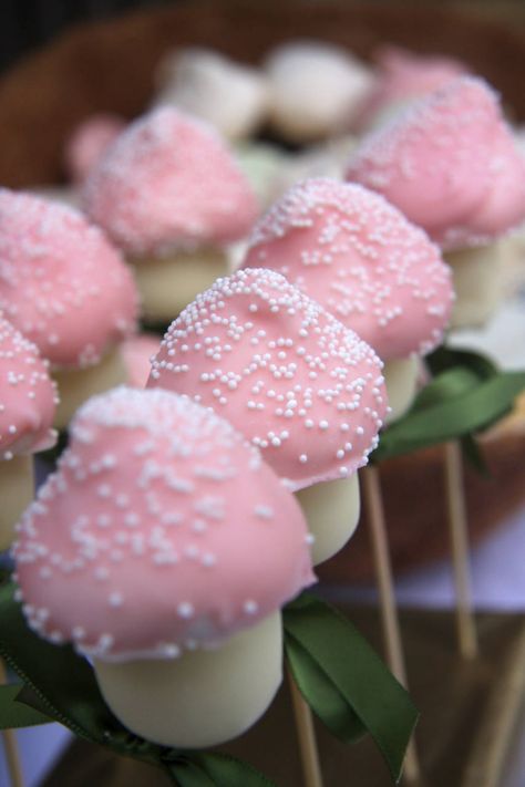 Marshmallow Mushrooms, Strawberry Dipped, Fairy Theme Birthday Party, Pink Marshmallow, Woodland Fairy Party, Fairy Baby Showers, Fairy Food, Fairy Garden Birthday Party, Fairy Tea Parties