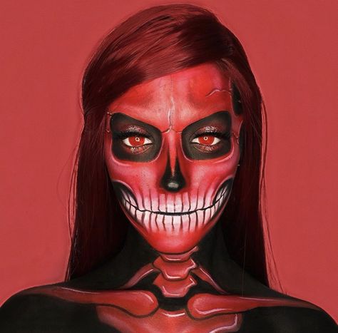 Orange Skull Makeup, Bodypating Ideas, Red Skull Makeup, Human Body Painting, Red Skull Marvel, Blue Eyeshadow Makeup, Skull Face Paint, Creepy Makeup, Halloween Eyes