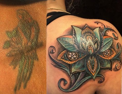 Womens Back Cover Up Tattoos, Back Of Neck Tattoo Cover Up For Women, Cover Up Tattoos For Women Before And After, Large Cover Up Tattoos For Women, Lower Tattoo, Good Cover Up Tattoos Ideas, Before And After Tattoo, Cover Up Tattoos Before And After, After Tattoo