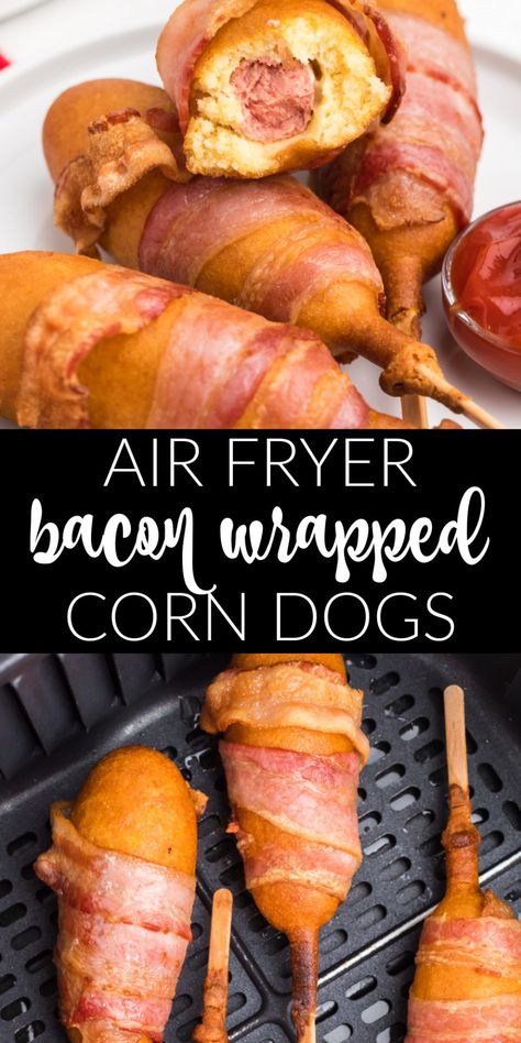 Bacon Wrapped Corn Dogs, Baked Corn Dogs, Bacon Wrapped Corn, Air Fryer Bacon, Carnival Food, How To Make Bacon, Corn Dog, Hot Dog Recipes, Game Day Snacks