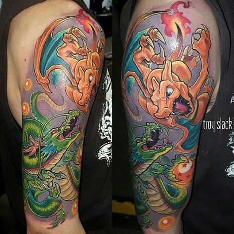 Another angle of Troy Slack's award winning Pokemon/Dragon Ball Z half sleeve. #newschool #neotraditional #pokemon #dragonballz #halfsleeve #bestofshow #TroySlack Pokemon Tattoo Ideas, Pokemon Sleeves, Dbz Tattoo, Z Tattoo, Pokemon Dragon, Dragon Ball Tattoo, Pokemon Tattoo, Gaming Tattoo, Book Tattoo