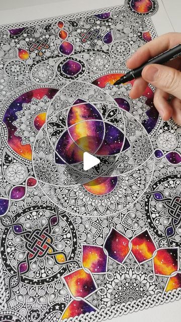 Rob on Instagram: "After several months dipping in and out of this one I am finished! My only real goal when creating this piece was to challenge myself and I feel like I have definitely done that. I wanted to incorpaote all of my favourite elements into it. Those being watercolor galaxies, celtic knots, cute lil stars and a whole lot of mandala detailing! Getting it to flow properly and all work together as one cohesive design was super challenging but I'm pretty stoked with the result! This video is super long and if you're anything like me who has the attention span of a gold fish it might be tricky to stick it out. But please do! I think it's worth it 🙏✌️ . . . . #mandala #mandalas #mandalatattoo #mandalaart #mandalalove #mandaladesign #mandala_sharing #beautiful_mandalas #mandalapass Mandala Art With Pen, Watercolor Mandala, Watercolor Galaxy, Stick It, Celtic Knots, Attention Span, Gold Fish, Challenge Me, Mandala Tattoo