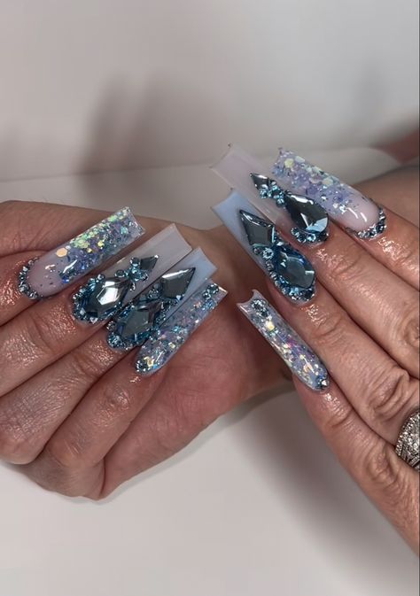 Glam Birthday Nails Blue, Icy Blue Nails Acrylic, Blue Glam Nails, White Long Acrylic, Birthday Nails Blue, Glam Birthday Nails, Icy Blue Nails, Blue Diamond Nails, Glam Birthday