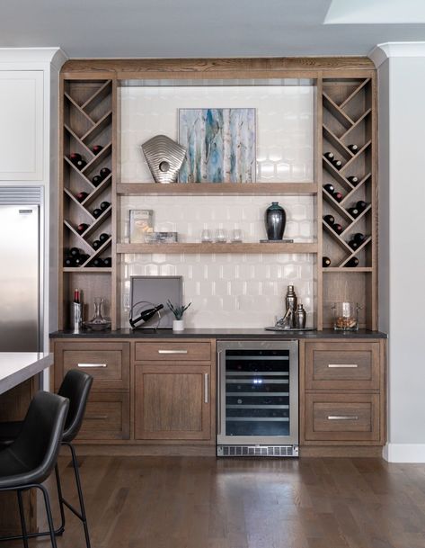 Custom built in with open wine storage cabinets, beverage fridge, and open floating shelves Dry Bar With Wine Storage, Kitchen Servery Ideas, Tall Wine Fridge Wet Bar, Built In Dry Bar Nook, Beverage Center Cabinet, Wine Built In Wall, Wine Shelving Ideas, Wine Storage Built In, Wine Bar Home Ideas