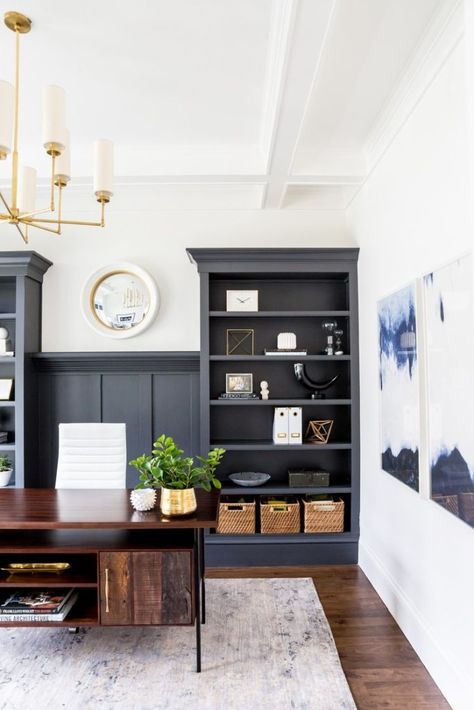 Benjamin Moore Cheating Heart, a great alternative to navy blue paint. Dark Home Office, Navy Blue Paint Colors, Navy Blue Paint, Painted Interior Doors, Modern Murphy Beds, Murphy Bed Plans, Blue Paint Colors, Dark Home, Grey Paint Colors