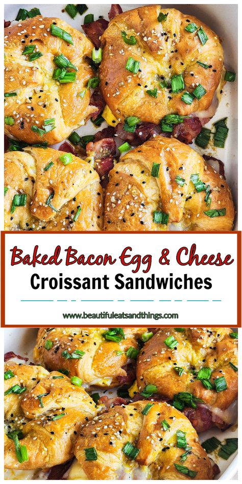 Savory Baked Bacon Egg & Cheese Croissant Sandwiches - Beautiful Eats & Things Egg Cheese Croissant, Croissant Breakfast Sandwiches, Croissant Casserole, Croissant Recipes, Croissant Sandwiches, Baked Breakfast Casserole, Greek Chicken And Potatoes, Croissant Breakfast Sandwich, Christmas Breakfast Casserole