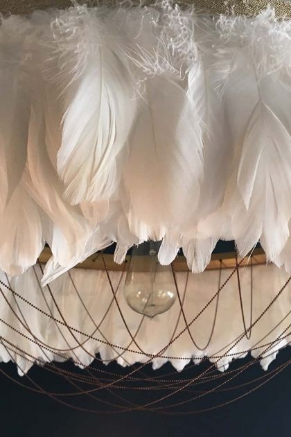 Fabulous Feather Chandelier Featuring Chains - Gloria - White | Rockett St George Feather Light Shade, Fringe Chandelier, Feather Chandelier, Bold Centerpieces, Feather Lamp, Bedroom 2024, Rockett St George, Pendant Light Shades, Modern Vintage Fashion