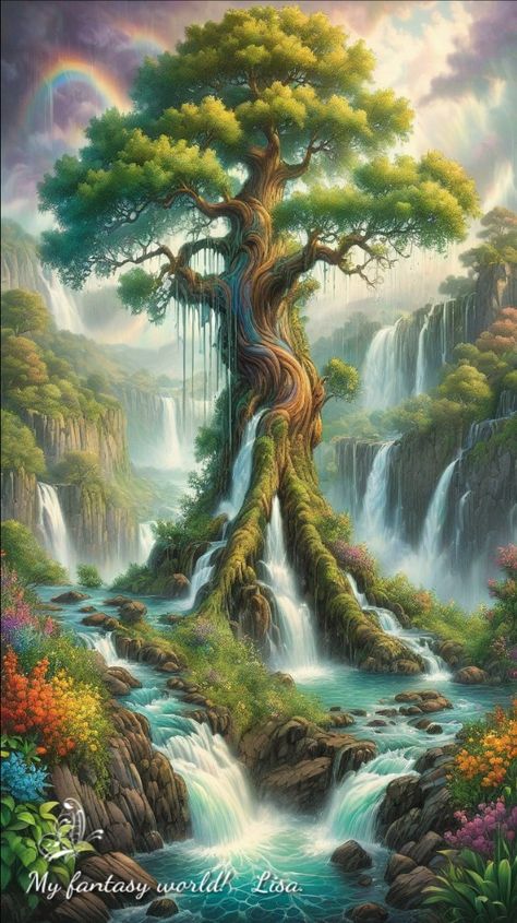 Giant Tree Fantasy Art, Trees Art Drawing, Ancient Atlantis, Fairy Background, Golden Peacock, Spring Court, Miracle Tree, Aesthetic Place, Summer Tree