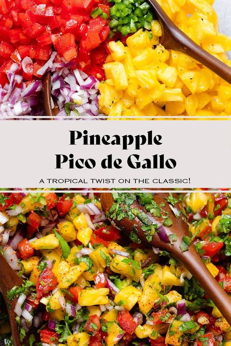 This Pineapple Pico de Gallo is a tropical twist on the classic fresh salsa. It's easy to make and perfect for summer. Serve it as an appetizer with tortilla chips and other dips, or add it to tacos, burritos, or bowls. Perfect for anything from parties to weeknight dinners! via @healthfulideas Pineapple Pico, Roasted Corn Salsa, Tomato Snacks, Tacos Burritos, Pineapple Salsa, Tropical Twist, Fresh Salsa, Mango Salsa, Salsa Recipe