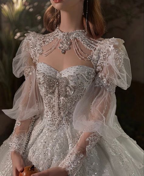 Bows infont empire style wedding gown Wedding Dress Royalcore, Gilded Wedding Dress, Fantasy Bridal Gown, Fantastical Wedding Dress, Wedding Dress With Armor, Labyrinth Inspired Wedding Dress, Wedding Dress Fantasy Art, Puff Sleeve Ball Gown Wedding Dress, Tudor Inspired Wedding Dress