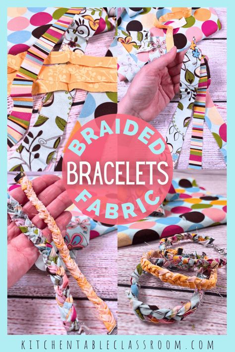 These braided bracelets are made from up-cycled fabric scraps. How To Make Fabric Bracelets, Scrap Bracelet, Fabric Bracelets Diy, Diy Braided Bracelet, Braided Bracelet Diy, Diy Fabric Jewellery, Button Bouquet, Scrap Fabric Crafts, Scrap Fabric Projects