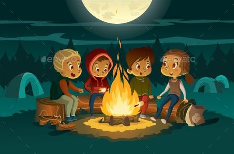 Kids Camping in the Forest at Night Near Fire #Camping, #Kids, #Forest, #Fire Fire Camp Drawing, Sitting Around A Campfire Drawing Reference, Camping Illustration Art, Sitting Around A Campfire Drawing, Night Camping Illustration, Sitting By A Campfire, Campfire Drawing, Sitting Around A Campfire, Camping Cartoon