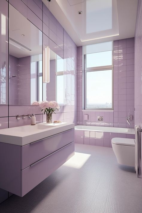 Lilac Aesthetic Room Decor, Lavender Bathroom Tiles, Lavender Theme Bathroom, Soft Purple Bathroom, Lilac Tile Bathroom, Small Purple Bathroom Ideas, Purple Shower Tile, Pastel Purple Bathroom, Purple Bathroom Aesthetic