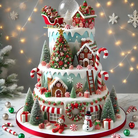 3 Tier Christmas Cake, Two Tier Christmas Cake, Christmas Birthday Cake Ideas, Christmas Village Cake, Christmas Cake Aesthetic, Snow Globe Cake, Boho Cakes, Christmas Sugar Cookie Designs, Best Birthday Cake Designs