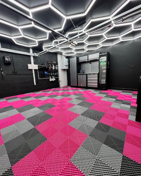 Some colourful garage floor tile installations with some lovely bikes & cars 👀 which ones your favourite swipe to see them all 👀🔥 #garage #cars #garagestyle #hypercar #supercar #garagefloor Colorful Garage, Hexagon Lighting, Garage Floor Tile, Pink Garage, Garage Floor Tiles, Garage Flooring, Garage Style, Garage Makeover, Garage Floor