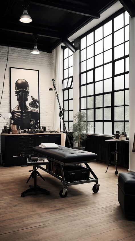 Industrial Tattoo Studio, Tattoo Studio Ideas, Tattoo Shop Interior, Tattoo Studio Interior, Tattoo Studio Design, Barber Shop Interior, Tattoo Salon, Condo Interior Design, Studio Tattoo