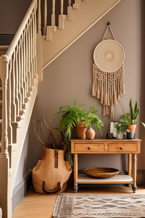 Taupe Hallway Ideas, Tan Hallway, Boho Wall Colors, Tan Wall Color, Taupe Hallway, Hallway Wall Colors, Boho Hallway, Rustic Entryway Table, Rustic Hallway