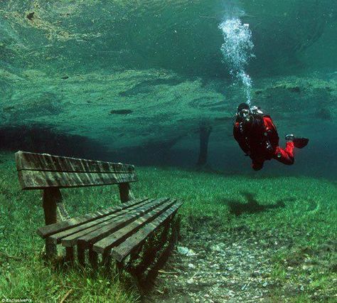 Green Lake in the Hochschwab Mountains (Austria). During the winter, the lake is only 1–2 m deep and the surrounding area is used as a county parkis and hiking trail. When the snow melts in spring/summer it creates a completely clear lake. The lake has a grassy bottom, complete with underwater trails, park benches and bridges! Underwater Park, Park Benches, Hiking Spots, Clear Lake, Green Lake, Hiking Trail, To Infinity And Beyond, Macedonia, Pretty Places