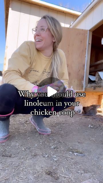 Kristina Langone Nickerson 🇺🇸 homesteading 🌾  food preservation on Instagram: "Top reasons I chose linoleum for inside my chicken coop👇🏼  Cleans off super easy Can be used for years Super durable  Resists moisture much longer than paint Low cost!  Go down to Home Depot and get some $20 linoleum, it’ll save you so much time by cleaning poop off the actual coop floor!   Boots from @hisea_official  #backyardchickens #backyardchicken #backyardchickensofinstagram #backyardchickenslife #backyardchickens🐔 #chickensoninstagram #chickeneggsofinstagram #chickeneggs #chickenegg #whatthecluck #farmlife #farmlifestyle #farmlifebestlife #mygarden #growingtips #greenthumb#ediblegarden #preservingfood  #explorepage #explore #instareels #backyardflock #chickenflock #flockofchickens #chickenfarmer #fa Coop Floor Ideas, Chicken Coop Flooring Ideas, Inside Chicken Coop Ideas, Painting Chicken Coop, Chicken Coop Paint Ideas, Interior Chicken Coop Ideas, Inside Of Chicken Coop Ideas, Chicken Coop Paint, Easy To Clean Chicken Coop