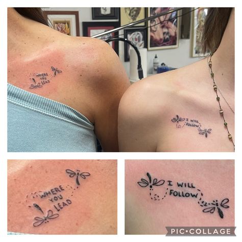 Mom Memory Tattoos Daughters, Mother Daughter Tattoos Gilmore, Collar Bone Tattoo Matching, Where You Lead I Will Follow Tattoo Mother Daughter, Mother And Daughter Disney Tattoos, Mother Daughter Gilmore Girls Tattoos, Gilmore Girls Tattoo Mother Daughter, Matching Dragonfly Tattoos, Disney Mother Daughter Tattoos