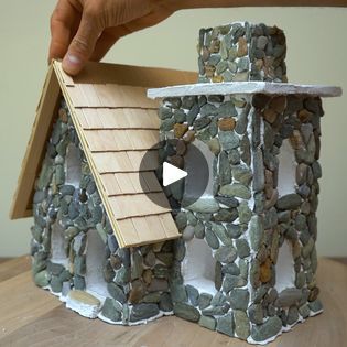 Pebble House, Stone Miniature, Christmas Tree Village Display, Cabin Crafts, Christmas Tree Village, Fairy Tree Houses, House Craft, Nature Craft, Fairy Castle