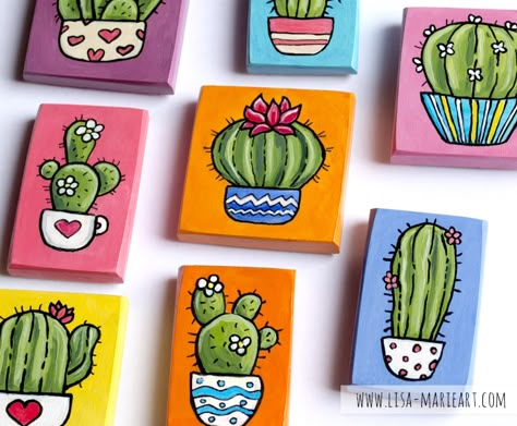 Colourful Hand Painted Cactus Magnets Cactus Canvas Art, Simple Cactus Painting Ideas, Cacti Paintings Acrylic, Painted Fridge, Painted Cactus, Cactus Paintings, Potted Cactus, Sycamore Wood, Coaster Art