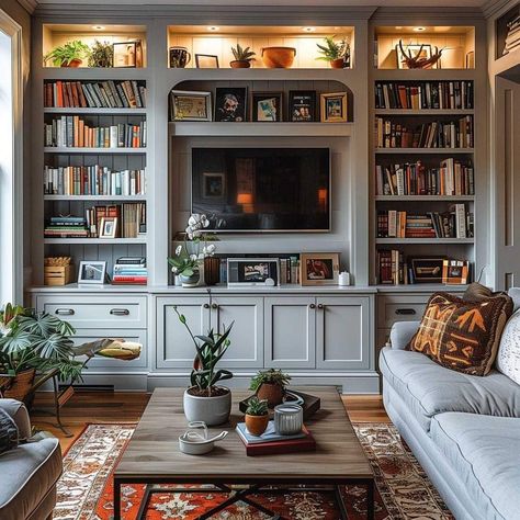 Bookshelves In Living Room With Tv, Room With Bookshelves, Living Room With Tv, Bookshelf Designs, Room With Tv, All About Books, Cozy Home Library, Gray Living Room, Library Living Room