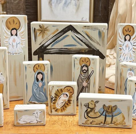 Nativity Canvas Art, Painted Manger Scene On Wood, Hand Painted Nativity Scene, Nativity Painted On Wood, Manger Scenes Nativity Painting, Abstract Nativity Painting, Nativity Painting On Wood, Manger Scenes Nativity Diy, Nativity Set Diy