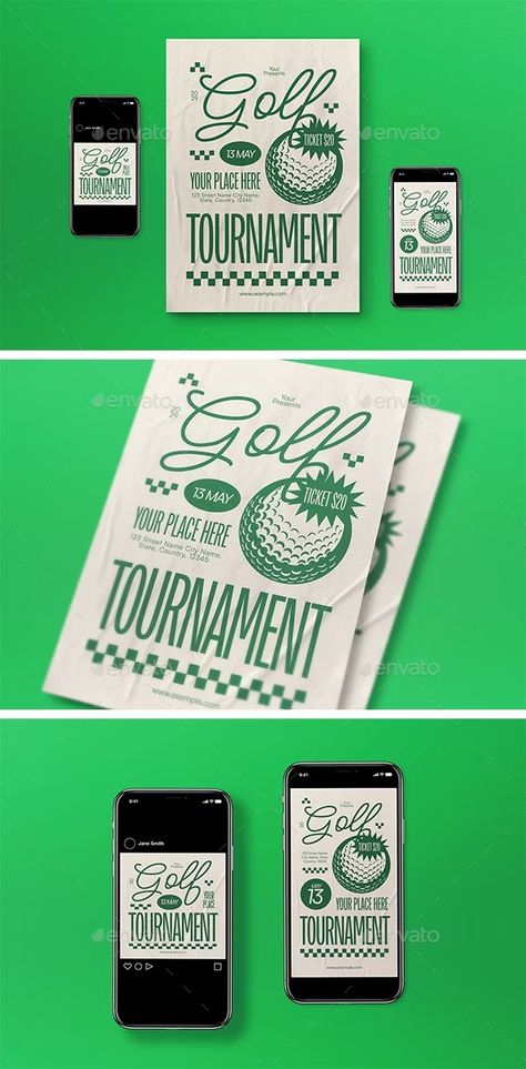 Green Vintage Golf Tournament Flyer Set, Print Templates | GraphicRiver Golf Infographic, Golf Brochure, Golf Tournament Ideas Fundraising, Golf Graphic Design, Golf Tournament Flyer, Golf Poster, Golf Logo, Golf Event, Vintage Golf