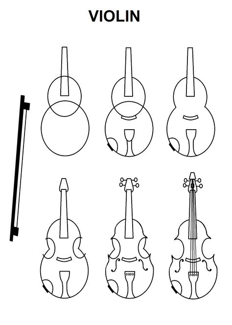 Step-by-Step tutorial for a violin. Violin Base Drawing, Violin Drawing Easy, How To Draw A Violin Step By Step, Drawings Of Violin, Violin Doodle Art, Violin Pencil Drawing, Violin Drawing, Music Sketch, Violin Bow