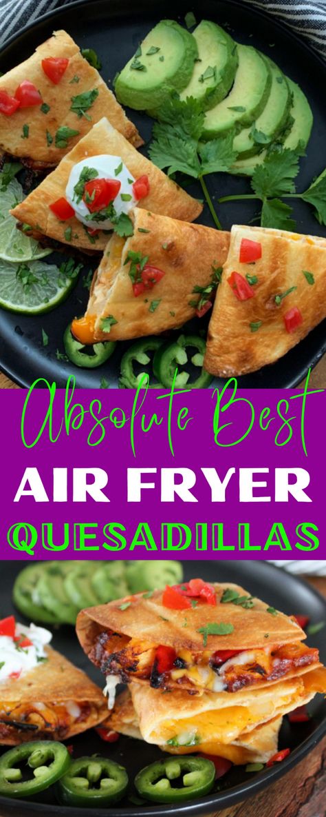 The absolute best air fryer quesadillas I've ever made. Quick and easy weeknight meal, snack or appetizer in just 10 minutes! Crispy tortillas filled with melty cheese + other fillings of your choice: chicken, beef, shrimp, roasted veggies, beans – how about leftovers from the fridge?! #airfryerquesadillas #airfryerchickenquesadillas #airfryer #airfryerrecipes #mexicanfood #mexicanrecipes #airfriedquesadillas #quesadilla #quesadillasrecipe #agoudalife Air Fryer Shrimp Quesadilla, Air Fryer Chicken Quesadilla Recipes, Airfryer Quesadilla Recipes, Air Fryer Quesadillas, Chicken Quesadillas Air Fryer, Air Fryer Quesadilla Recipes, Quesadillas In Air Fryer, Quesadillas Air Fryer, Quesadilla In Air Fryer