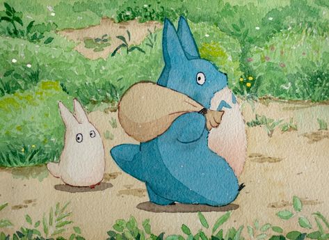 My first time actually drawing scene from Studio Ghibli. This Totoro watercolor painting is now on Rosemary Cat channel in full version! Please check it out 🥰 Ghibli Art Totoro, My Neighbor Totoro Watercolor, Studio Gibley Art, Totoro Watercolor Paintings, Studio Ghibli Color Pencil Art, Ghibli Drawing Watercolor, Watercolour Studio Ghibli, Studio Ghibli Frog, Studio Ghibli Painting Watercolor