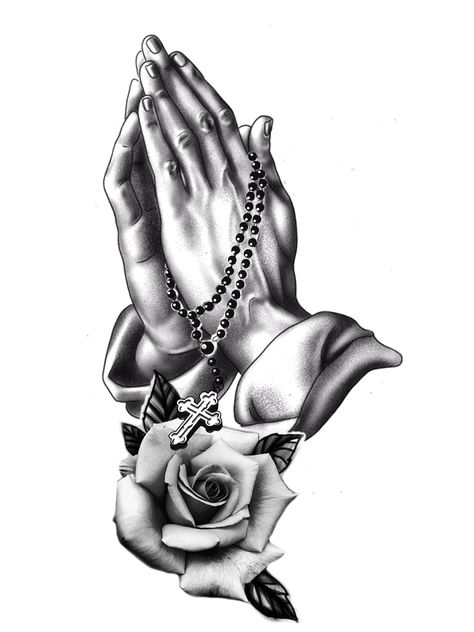 Praying Hands Rose Dove Tattoo, Cross And Praying Hands Tattoo Design, Rosary And Rose Tattoo, Prayer Hands Tattoo For Men, Rosary Tattoo Stencil, Gods Hands Tattoo, Athena Tattoos, Forearm Wing Tattoo, Prayer Hands Tattoo