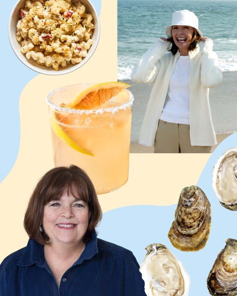 Graphic collage representing the coastal grandmother trend of lobster mac and cheese, a paloma cocktail, fresh oysters, movie still of Diane Keaton in Something's Gotta Give, and Ina Garten. Grilled Pasta, Coastal Grandmother Summer, Beach Dinners, Coastal Grandma Style, Going To Be A Grandma, Nancy Myers, Olive Garden Chicken Gnocchi, Chicken Gnocchi Soup Olive Garden, New England Beach