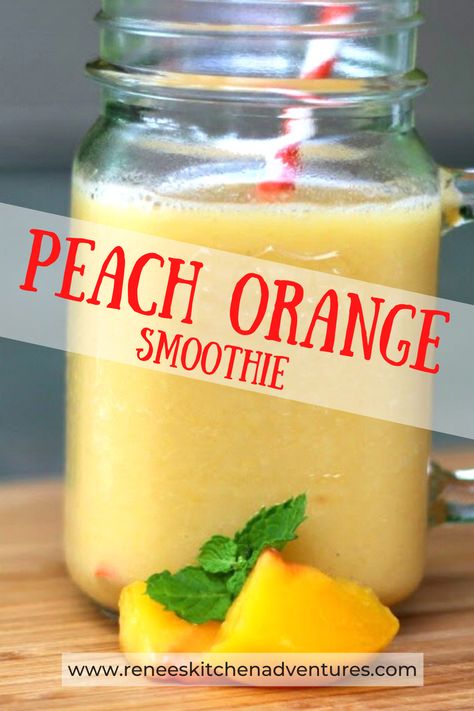 (Dairy Free) Peach Orange Smoothie by Renee's Kitchen Adventures. A dairy free, vegan, smoothie with the goodness of frozen peaches and fresh orange juice, blending with vanilla almond milk. Add a shot of peach schnapps and make it boozy! YUM! #RKArecipes #peachrecipes #smoothierecipe #vegan #dairyfree Fuzzy Navel, Frozen Peaches, Dream Cafe, Fresh Orange Juice, Amazing Breakfast, Orange Smoothie, Boozy Desserts, Tasty Drinks, Beverage Recipes