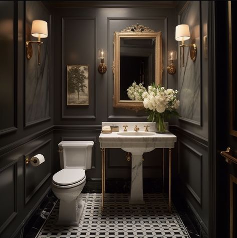 Luxury Powder Room, Dark Bathrooms, Powder Room Decor, Downstairs Toilet, Powder Room Design, Toilet Room, Small Toilet, Downstairs Bathroom, Bathroom Inspiration Decor