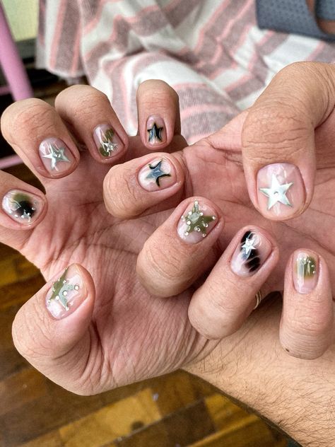 Olive green, nail art and silver stars! Olive Green Nail Art, Fairycore Nails, Brown Nail Art, Green Nail Art, Green Tips, Green Nail, Olive Green Shorts, Green And Silver, Brown Nails