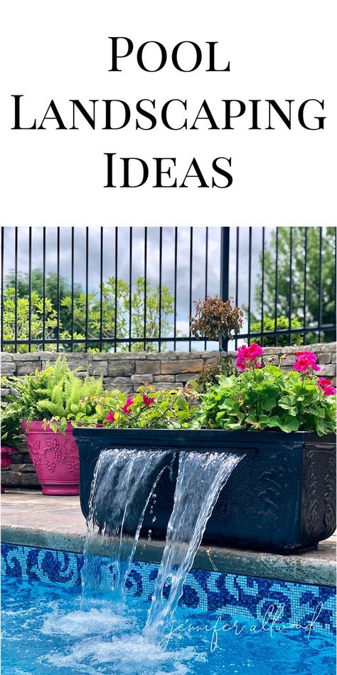 Small Pool Waterfall, Pool Water Feature Ideas, Flowers Around Pool, Waterfall For Pool, Pool Deck Decorating Ideas Seating Areas, Inground Pool Deck Decorating Ideas, Above Ground Pool Fountain, Pool Accessories Ideas, Simple Pool Landscaping