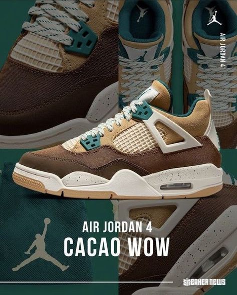 Jordan 4 Cacao WowGeode Teal-Ale Brown Pretty Shoes Sneakers, Kicks Shoes, Nike Shoes Jordans, Shoes World, Cute Nike Shoes, Mens Outfit Inspiration, Cute Nikes, Air Jordan 4, Nike Sneakers Women