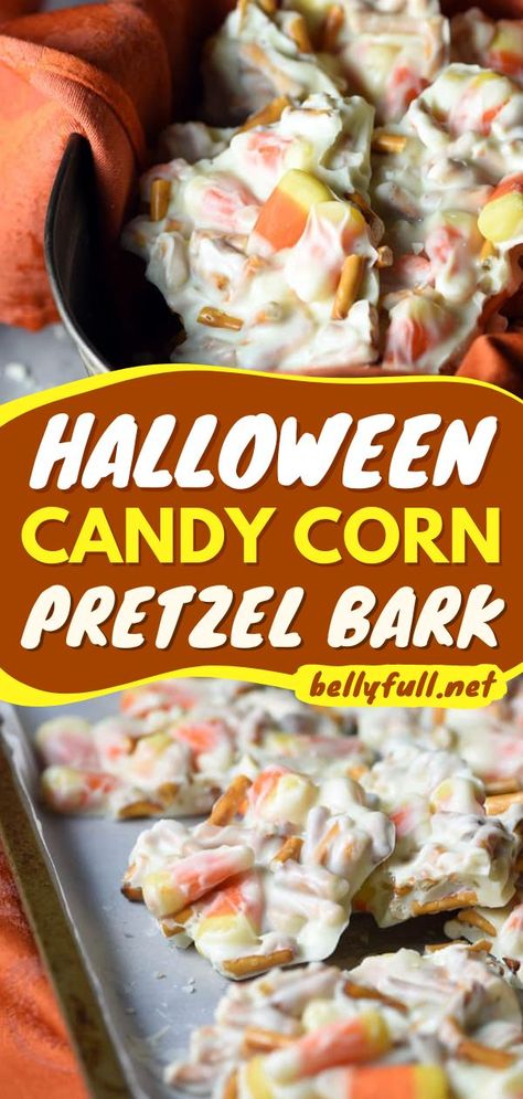 The ultimate Halloween food idea for parties! This fun dessert recipe is ridiculously easy to make with just 3 ingredients. Mixed with white chocolate and candy corn, this pretzel bark is yummy! Scary Desserts, Candy Corn Desserts, White Chocolate Bars, Candy Corn Recipe, Pretzel Bark, Healthy And Unhealthy Food, White Chocolate Candy, Easy Dessert Recipe, Halloween Candy Corn