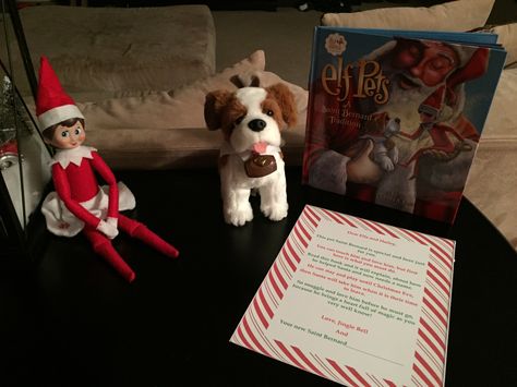 Elf on the shelf day 2! Jingle Bell brought us a Saint Bernard pet!!! Elf On The Shelf Saint Bernard Ideas, Elf Pet Arrival Ideas, Elf On Shelf Pet Arrival, Elf Pets Arrival, Elf On The Shelf Pet Ideas, Elf Stuff, Elf On The Shelf Arrival, Elf Arrival, Elf Pets