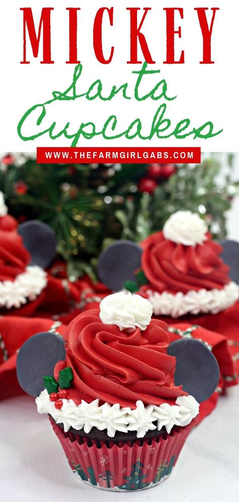 Make this Christmas a Disney Christmas. These adorable Mickey Mouse Santa Cupcakes are the perfect holiday Disney snack to celebrate Christmas. This Disney dessert is so easy and festive. Add a cute Mickey Santa hat to these decorated Christmas cupcakes. #disneysnack #christmascupake #disneyfood Disney Christmas Treats, Santa Cupcakes, Christmas Cupcakes Decoration, Disney Cupcakes, Disney Desserts, Disney Snacks, Christmas Cupcakes, 100 Calories, Party Desserts