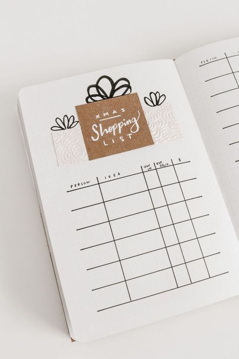 Shopping Journal Ideas, Bujo Gift List, Bujo Shopping List, Bujo Christmas Gift List, Bullet Journal Shopping List, Christmas List Bullet Journal, Bullet Journal Christmas Gift List, Volleyball Journal, Bullet Journal Gift List