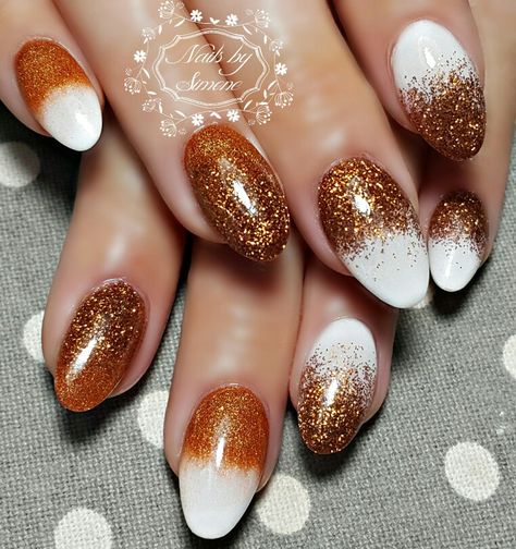 White Bronze Glitter Ombre Nails White And Bronze Nails, Holiday Ombre Nails, White Ombré Nails, Nails November, Bronze Nails, Fall Ombre, Glitter Nails Acrylic, Ombré Nails, Ombre Nails Glitter