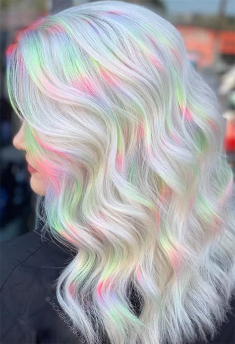 Pastel Rainbow Hair, Fantasy Hair Color, Holographic Hair, Cute Hair Colors, Rainbow Hair Color, Creative Hair Color, Spring Hair, Pretty Hair Color, Fantasy Hair