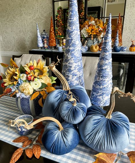 🍂💙🍂 Sharing our Ocean Blue Velvet pumpkins! All our pumpkins are handmade by me with a real stem! This ocean blue has been the most popular color since we first brought it in! We also carry these round striped jars! I was finally able to find a manufacturer!🍂💙🍂 Tap the photo to shop 🛍 and FREE 📦shipping on all orders over $50. If you need a link I’m happy to send one, please message me. You can also tap the link in my bio and go right to my website. . . . . . . . #thepermanentgarden #bluea... Blue And White Fall Decor, Shabby Chic Pumpkins, Chinoiserie Pumpkins, Blue Harvest, Chinoiserie Decorating, Blue Chinoiserie, Fall Decor Inspiration, Velvet Pumpkins, Popular Color