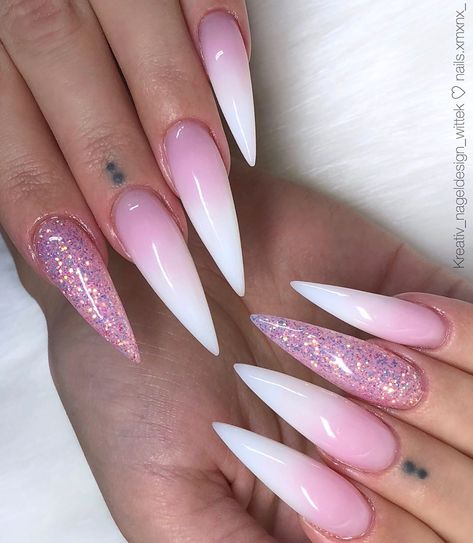 6,664 Likes, 48 Comments - @nails.xmxnx_ on Instagram: “Babyboomer & “watermelon“ glitter 🍉✨ @kreativ_nageldesign_wittek ♡” Nails With Glitter Accent, White Stiletto Nails, Pink Stiletto Nails, Faded Nails, Stilleto Nails Designs, Nails With Glitter, White Acrylic Nails, Finger Nails, Stiletto Nails Designs