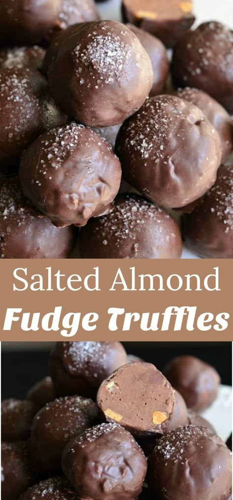 Salted Almond Fudge Truffle collage Fudge Truffles, Pelo Chocolate, Almond Fudge, Truffle Recipes, Dessert Truffles, Candy Truffles, Homemade Candy, Truffle Recipe, Candy Fudge