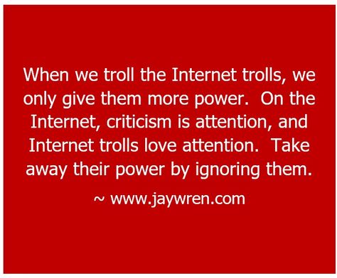 When we troll the Internet trolls, we only give them power.  On the Internet, criticism is attention, and Internet trolls love attention.  Take away their power by ignoring them. ~ www.jaywren.com Trolls Quotes, Troll Quote, Career Quotes, Leadership Quotes, Wren, Favorite Quotes, Best Quotes, Leadership, Jay